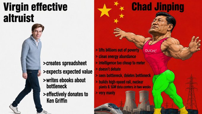 This meme contrasts a "Virgin effective altruist" with "Chad Jinping," highlighting perceived differences in effectiveness and approach. The post mentioning "Sol5.6 high" likely refers to a software or program used to generate or enhance the image.