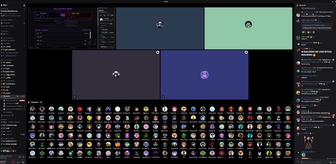 Screenshot of a Discord interface with multiple video call tiles, a bottom row filled with numerous circular user avatars and emojis, and chat channels visible on the sides.