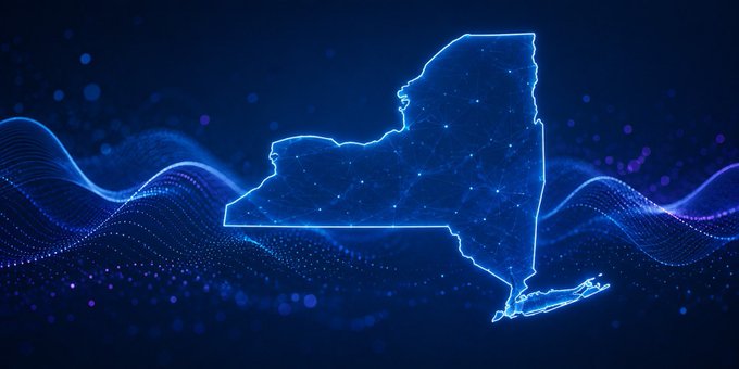 A stylized, glowing blue digital outline of the state of New York set against a dark blue background with flowing wave patterns and bokeh light effects.