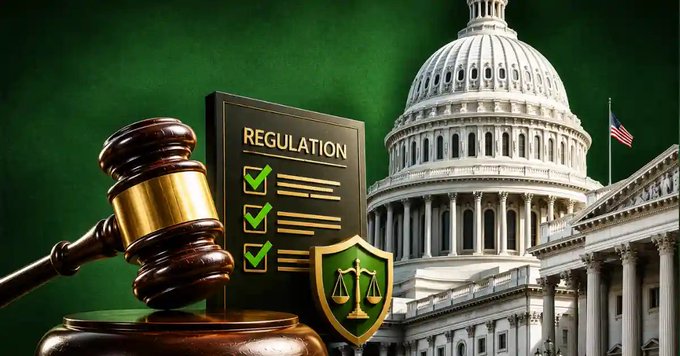 A graphic features a wooden gavel, a checklist labeled 'REGULATION' with green checkmarks, a balance scale shield, and the U.S. Capitol building against a green background.