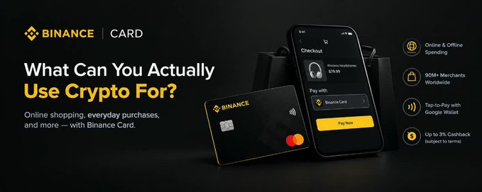 This Binance Card promotional image showcases how cryptocurrency can be used for everyday purchases, featuring a sleek black Binance-branded card with contactless payment technology alongside a smartphone displaying a checkout screen for wireless headphones priced at $79.99 with a "Pay with Binance Card" option and yellow "Pay Now" button. The graphic highlights key benefits: online and offline spending capability, acceptance at 90M+ merchants worldwide, tap-to-pay with Google Wallet, and up to 3% cashback.