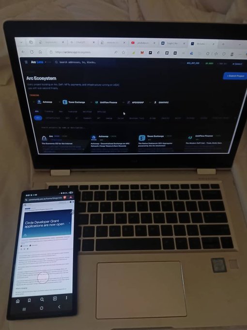 A laptop displaying the 'Avo Ecosystem' website alongside a smartphone showing a 'Circle Developer Grant applications are now open' announcement, set on a wooden surface.