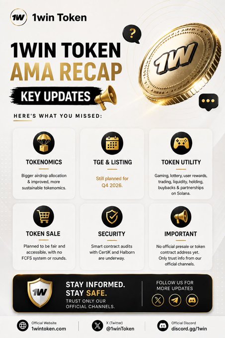 Promotional graphic for '1WIN TOKEN' featuring a golden coin and an 'AMA RECAP' with key updates including Tokenomics, TGE & Listing (planned Q4 2026), Token Utility, Token Sale, Security, and Important notices.