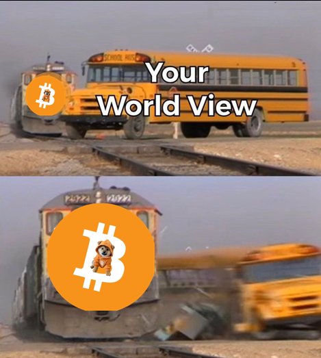 A two-panel meme featuring a school bus and a train on tracks, with Bitcoin logos overlaid; the top panel reads "Your World View" with a small Bitcoin character on the bus, while the bottom panel shows the train colliding with the bus, symbolizing the impact of Bitcoin.