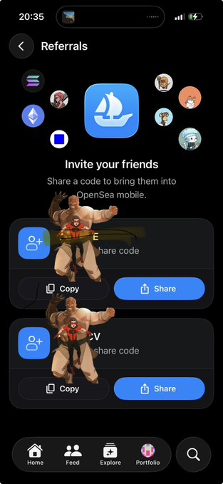 Mobile screenshot of the OpenSea app's 'Referrals' page, featuring cartoon NFT avatars, an OpenSea logo, and 'Invite your friends' text with Copy and Share buttons.