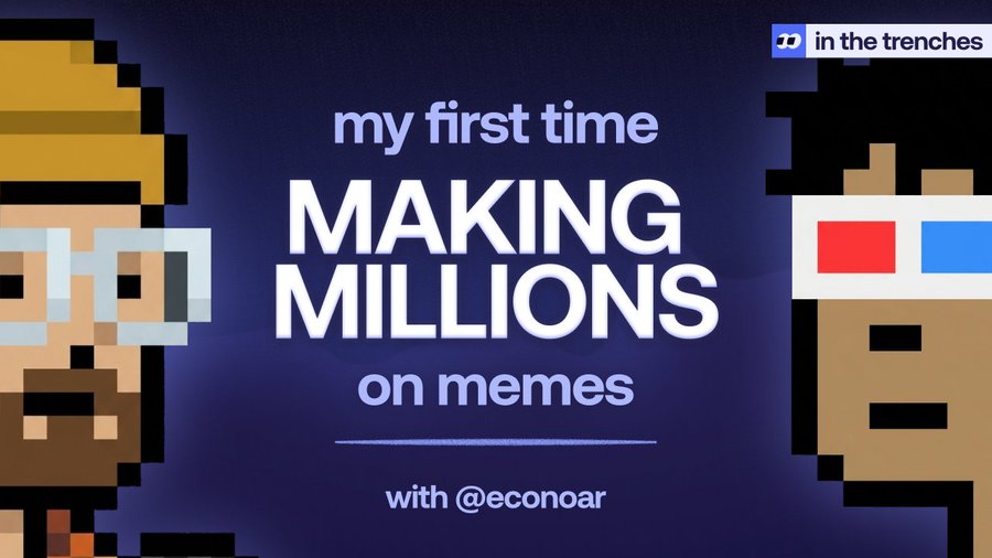 A promotional thumbnail for a YouTube video titled 'my first time MAKING MILLIONS on memes with @econoar' from the 'in the trenches' channel, featuring pixel art characters.