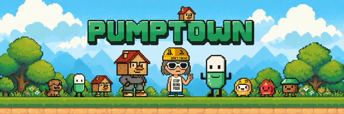 Promotional artwork for the memecoin 'PUMPTOWN' featuring pixel-art characters including one wearing a hard hat holding a 'STAY BEING POOR' sign, set in a 2D side-scrolling game landscape.