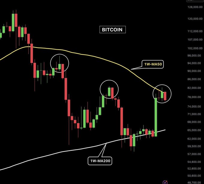 A Bitcoin candlestick chart displays weekly price action with annotations indicating '1W-MA50' and '1W-MA200' moving averages, highlighting circled crossover points.