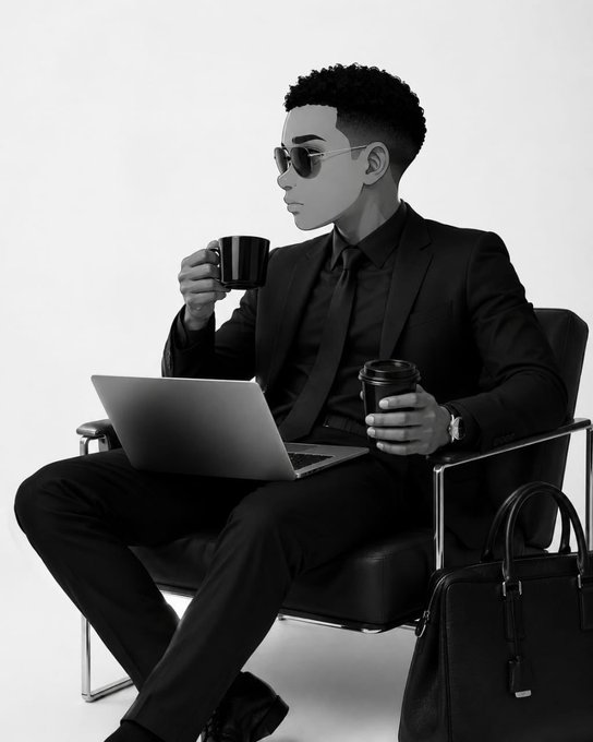 Black and white illustration of a stylish young man in a black suit and sunglasses, holding two coffee cups while working on a laptop.