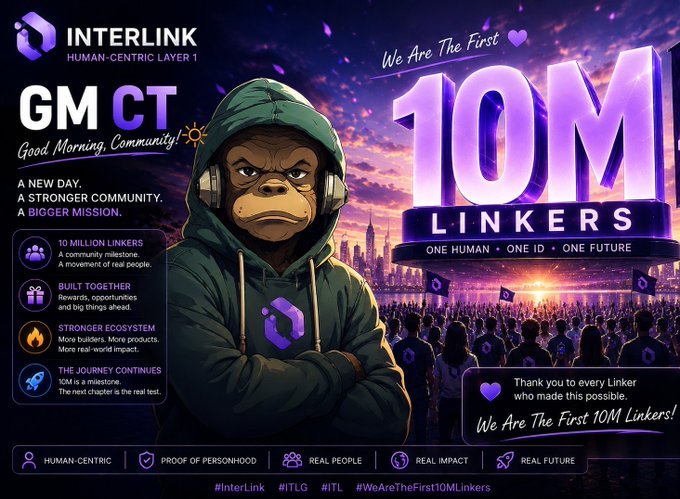 An INTERLINK promotional graphic celebrating '10M LINKERS' with a chimpanzee mascot in a hoodie, listing features like 'Built Together' and 'Stronger Ecosystem.'