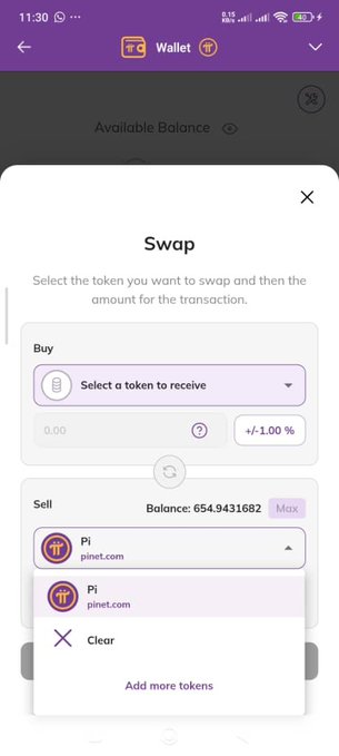 The image shows a wallet swap interface on a Pi Network app, where the user is in the process of swapping Pi tokens (with a balance of 654.9431682) for another token to receive. The post "#PiDex on Mainnet now live preparation probably" suggests this is a preview or preparation for PiDex, a decentralized exchange operating on Pi's mainnet.