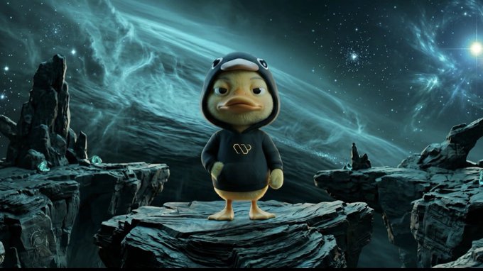 A small duck wearing a black hoodie with the "W" Wallchain logo stands on a rocky outcrop in a cosmic, star-filled environment. The image ties into the post by symbolizing how small, intentional actions—like a single duck shaped by its environment—can shape an entire community, much like how well-designed incentive campaigns quietly mold the culture and behavior of a creator ecosystem rather than just distributing rewards.