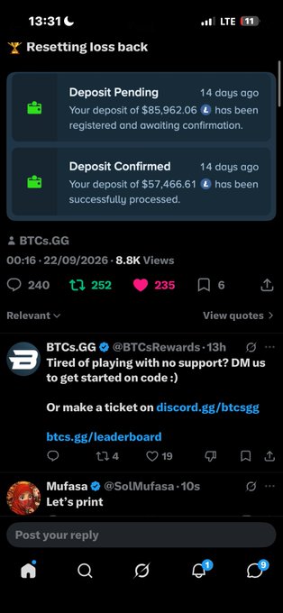 A social media app screenshot showing two deposit notifications (one pending $85,962.06 and one confirmed $57,466.61) along with BTCs.GG promotional content.