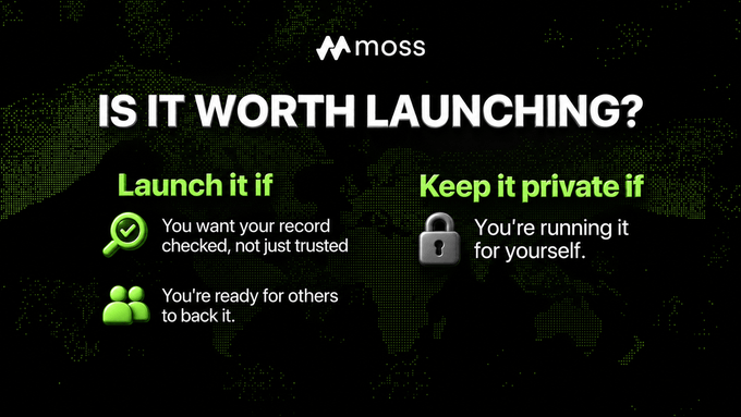 A dark green Moss presentation slide titled 'IS IT WORTH LAUNCHING?' presents two columns: 'Launch it if' with a checkmark icon ('You want your record checked, not just trusted') and a people icon ('You're ready for others to back it'), versus 'Keep it private if' with a lock icon ('You're running it for yourself').