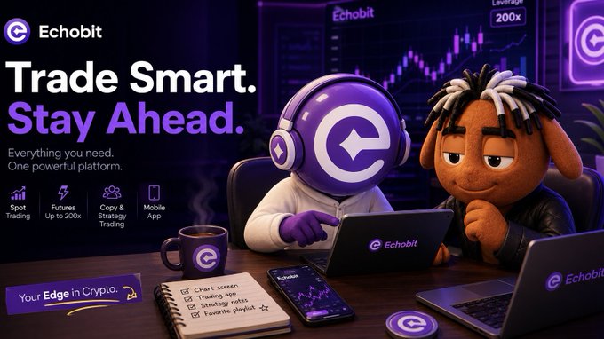 An advertisement for 'Echobit' crypto trading platform with the slogan 'Trade Smart. Stay Ahead.', featuring two characters at a desk with laptops and a checklist showing 'Chart screen', 'Trading app', 'Strategy notes', and 'Favorite playlists'.