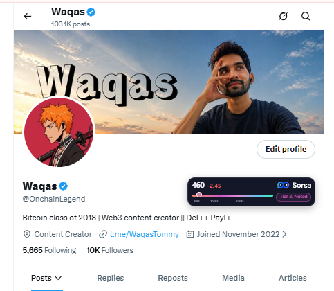 The image shows Waqas's (@OnchainLegend) X profile displaying 10K followers, 5,665 following, and a Sorsa score of 460 with an "Influencer" tag, aligning with the post celebrating reaching 10,000 followers and maintaining a 460 Sorsa score.