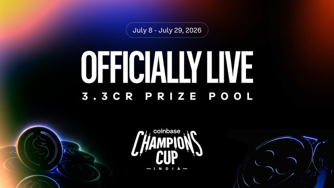 A promotional graphic for the Coinbase Champions Cup India, featuring neon-lit coins against a dark, colorful background, with text announcing the event runs "July 8 - July 29, 2026," is "Officially Live," and boasts a "3.3CR Prize Pool."