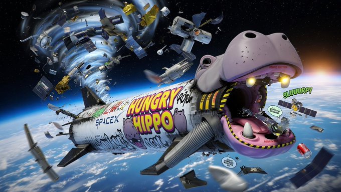 The image features a cartoon hippopotamus with its mouth open, surrounded by various space debris and satellite parts floating around it. The scene also includes a spaceship that has been painted with graffiti-like designs, giving it a unique appearance. The image is accompanied by a caption that reads "$hippo ~ 饥饿河马 V2 0x55f285a9dec00255e9e2837918aa9749b8c3c5 V4 0x339a75475e7859d1ebc1819892591ee882dc1110".