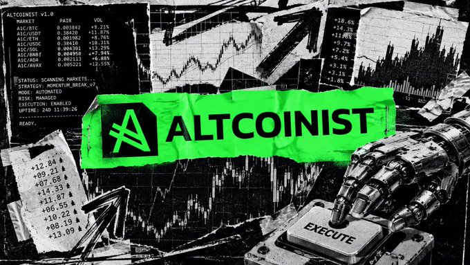 A dark, glitch-art style graphic titled 'ALTCOINIST' featuring a green logo, financial market data (including BTC, ETH, SOL), and a robotic hand pressing an 'EXECUTE' button.