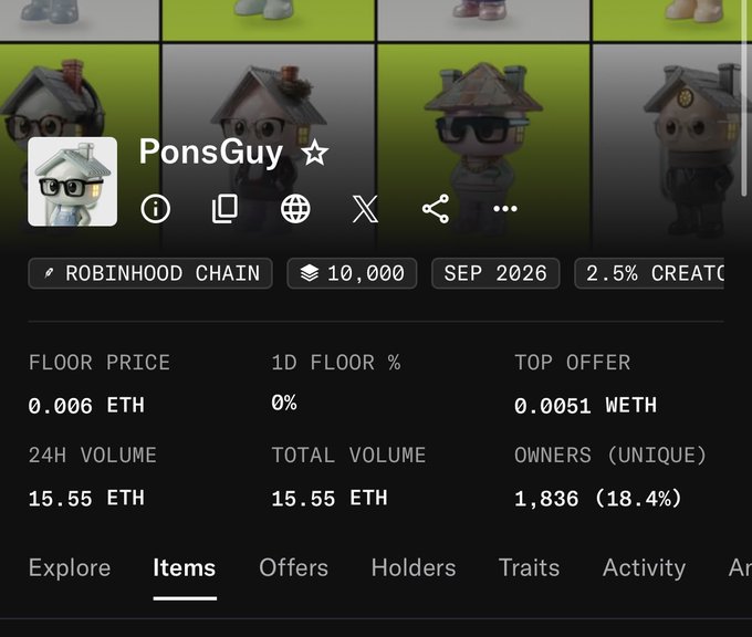 A screenshot of the "PonsGuy" NFT collection on Robinhood Chain shows a floor price of 0.006 ETH and 24H volume of 15.55 ETH. The poster notes receiving $15 from the collection before taking Ordinalshood offline and planning to return in October.