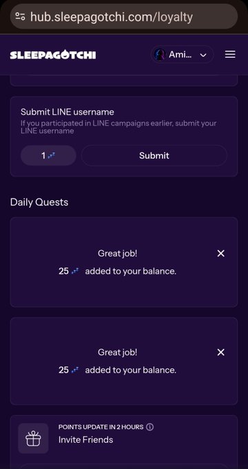 The image shows the Sleepagotchi loyalty dashboard with a "Submit LINE username" field, two daily quest notifications each crediting "25 ✨ added to your balance," and an "Invite Friends" reward banner. It illustrates the gamified rewards and loyalty mechanics that expand Sleepagotchi beyond a simple sleep tracker into a broader engagement ecosystem.