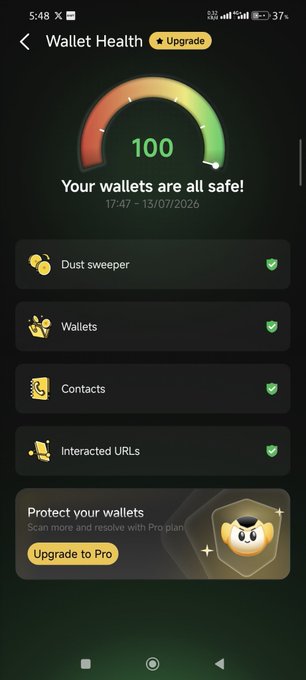 A mobile app screen titled 'Wallet Health' with a score of 100 and the message 'Your wallets are all safe!', showing checked items for Dust sweeper, Wallets, Contacts, and Interacted URLs, with an 'Upgrade to Pro' button at the bottom.
