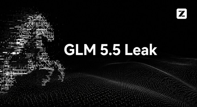A dark promotional graphic with the text 'GLM 5.5 Leak' alongside a digital/circuit-style profile silhouette of a face.