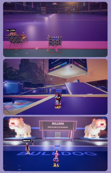 Three screenshots from a 3D video game showing a vibrant, neon-lit obstacle course environment with purple platforms and floating structures, featuring player characters named "Ed_E108A", "Steph", and "Boorah."