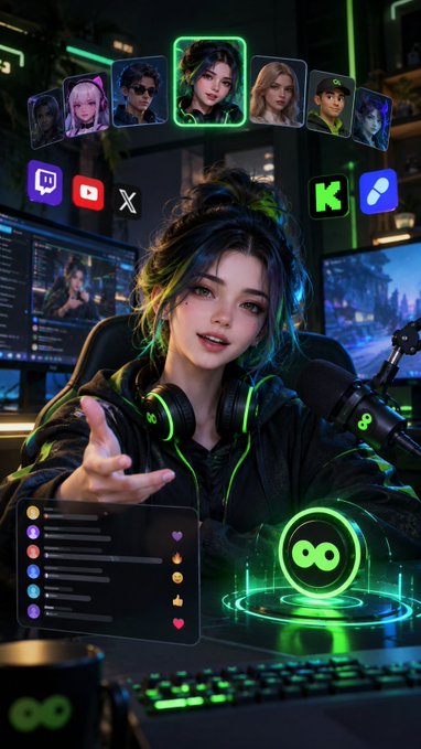 A digital illustration of a young woman with dark hair and a green hoodie sitting at a gaming setup with neon green accents and floating app icons including Twitch, YouTube, X, and a chat interface.