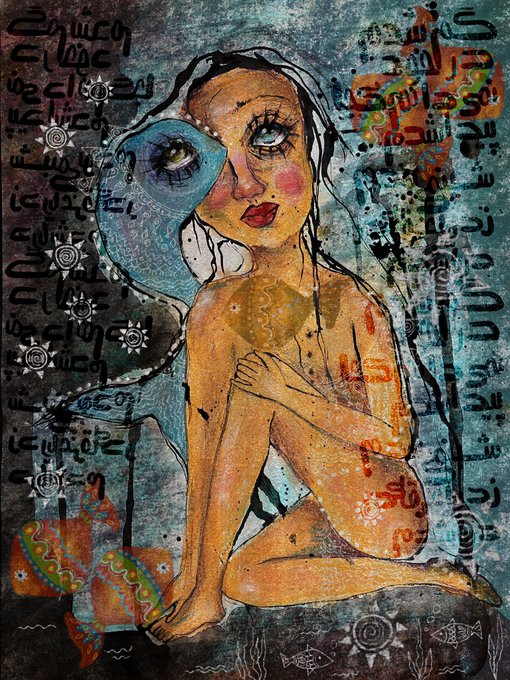 A surreal illustration depicts a seated woman with a blue, eye-adorned mask covering one eye, surrounded by dense Arabic calligraphy and symbols like suns and fish on a textured background.