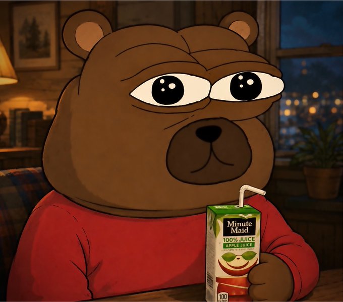 A cartoon brown bear in a red shirt holds a Minute Maid 100% Apple Juice carton with a smug expression, with the caption playing on "Minute Maid" as "wait a minute" to humorously tie into speculation about the $BOBO token reaching $2 and generating a billion-dollar treasury.