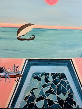 The image features an abstract painting that depicts a pool with a shell-like object floating above it, surrounded by blue and green colors. The painting has been done in a realistic style, giving it a three-dimensional appearance. The artist's signature is visible at the bottom of the artwork. The post mentions that this piece is coming up soon on @TransientLabs NFT, which suggests that it might be an original work by the artist and could potentially be valuable or rare due to its uniqueness and artistic style.