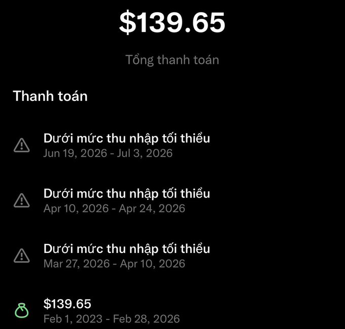 A dark-themed payment summary screen displays "Tổng thanh toán" (Total payment) of $139.65, with three entries labeled "Dưới mức thu nhập tối thiểu" (Below minimum income threshold) covering dates in 2026, and a final $139.65 entry spanning Feb 1, 2023 - Feb 28, 2026. The warnings paired with PayX's motivational message symbolize the financial "stalling" period—reflecting ongoing persistence despite unpaid thresholds, reinforcing hope that today's efforts will soon yield positive returns.