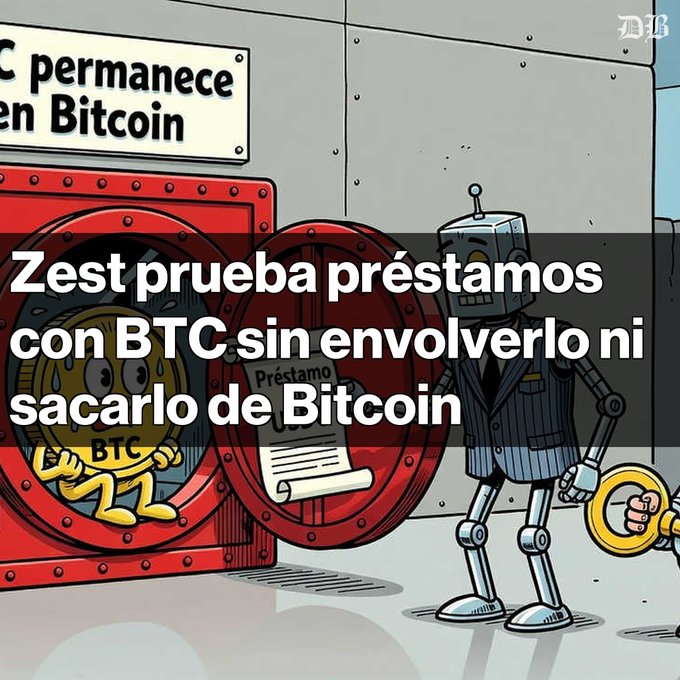 A cartoon depicts a robot banker, a sad Bitcoin coin character inside a vault, and a 'Préstamo' scroll, with the Spanish headline 'Zest prueba préstamos con BTC sin envolverlo ni sacarlo de Bitcoin' and a sign reading 'permanece en Bitcoin.'