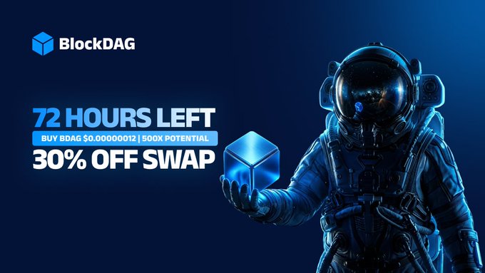 The image features an advertisement for a game that takes place during the weekend, with only 72 hours left until it opens. The person in the picture is holding up a blue cube-shaped object, possibly a gaming accessory or part of the game itself. The caption provided above the image reads "72 HOURS LEFT BUY BDAG $0.00000012 500X ROI 30% OFF SWAP! PRE-ACTIVATION WEEKEND IS HERE Only". This suggests that users need to buy this game during the weekend and act quickly before the 72 hours end, taking advantage of a special offer where they can swap a gaming item for another one, in order to maximize their potential reward.