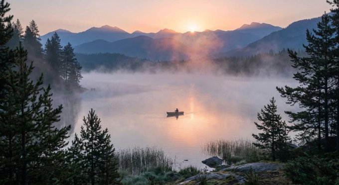 A misty mountain lake at sunrise, with a small boat in the center, surrounded by silhouetted pine trees and golden light filtering through the fog.
