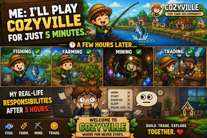 The image features a cartoon-style poster for a video game called "Cozyville" with a cartoon boy fishing, surrounded by other cartoon characters. The poster includes text that reads "Me: I'll play Cozyville for just 5 minutes. Cozyville: #COZY #Solana #GameFi #Web3Gaming". This suggests the game is designed to be quick and easy to play, with a focus on simplicity and fun gameplay.