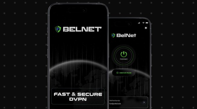 A promotional graphic for 'BELNET' VPN app displays two smartphones showing the app interface with a 'FAST & SECURE DVPN' tagline and a green connect button.