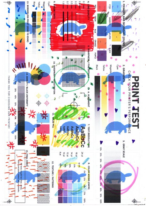 A colorful, chaotic print test sheet with multiple sections labeled for checking gradients, colors, alignment, and printing performance.