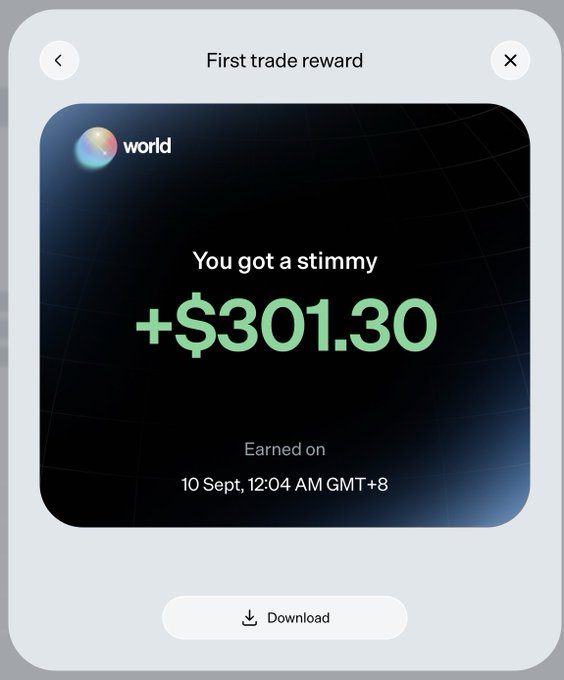 The image shows a "First trade reward" popup from "world" displaying "You got a stimmy +$301.30" earned on "10 Sept, 12:04 AM GMT+8," with a Download button below, confirming the successful completion of the 5U trade referenced in the post, which guided users to register with Phantom wallet, hold 6 USDC and some SOL for gas on Solana, link Twitter, and trade to automatically trigger this reward interface.