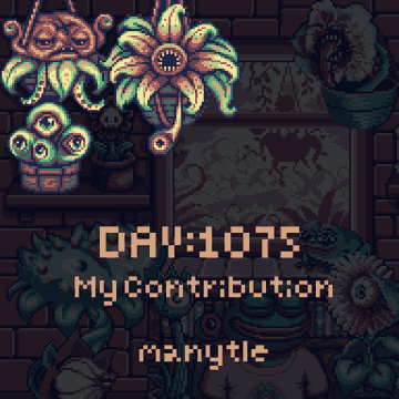 A pixel art game-style scene showing creepy plants and creatures with text reading 'DAY:1075, MyContribution, manytle' against a dark brick wall background.
