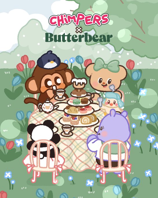 A cute illustration for the 'CHIMPERS x Butterbear' collaboration, featuring cartoon bears and a penguin enjoying a tea party with desserts on a picnic table.