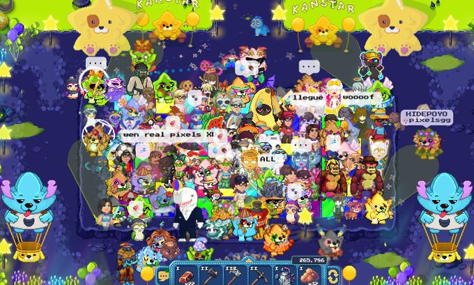 Another crowded pixel art gathering scene with various character sprites and avatars, featuring chat text such as 'wen real pixels X(' and 'league of woooof', along with usernames 'HIDEPOYO' and 'pixelsgg' displayed on the right.