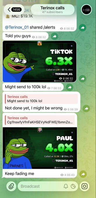 A screenshot of a Telegram channel called "Terinox calls" (47 subscribers) showing meme-style trade alerts featuring TikTok calls at 6.3x and Paul at 4.0x, with messages like "Keep fading me" that align with the poster's taunting "Keep fading me guys" caption directing viewers to t.me/Terinoxcalls.