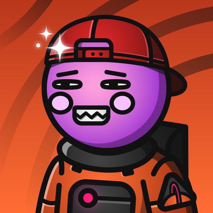 A cartoon illustration of a purple character wearing a red cap and an orange astronaut-style suit against an orange background.