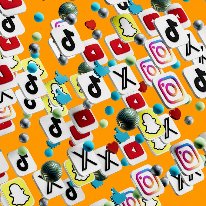 A 3D illustration featuring floating social media icons (TikTok, YouTube, Instagram, Snapchat, X, and likes/hearts) alongside decorative spheres on an orange background.