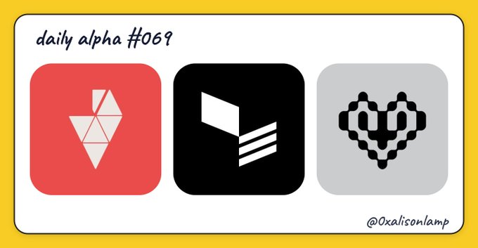 A graphic titled 'daily alpha #069' showing three cryptocurrency logos on a yellow background, credited to @0xalisonlamp.