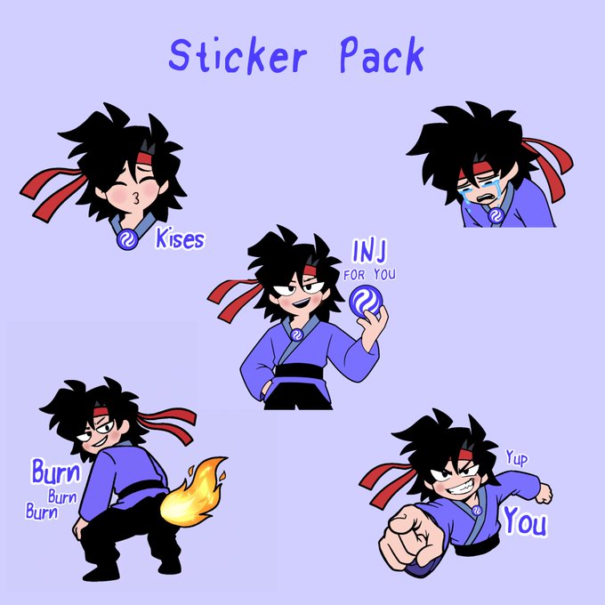 A collection of five expressive stickers featuring a chibi-style character with black hair and a red headband, displaying various emotions including "Kises" (kissing), crying, holding a coin with "INJ FOR YOU," farting flames with "Burn Burn Burn," and pointing with "Yup You," created for a sticker pack challenge.
