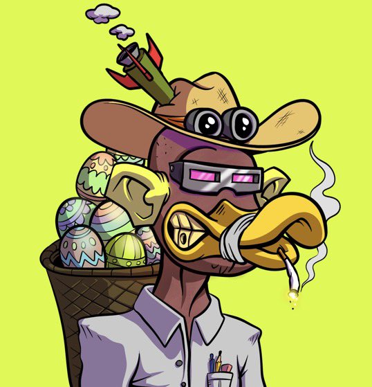 An NFT-style illustration of a monkey character wearing a straw hat with goggles, purple sunglasses, and carrying a basket full of decorated Easter eggs while smoking a cigar.