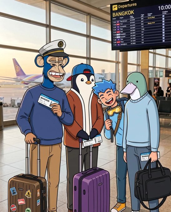 An animated illustration shows four characters—a monkey in a sailor hat, a penguin, a blue-haired boy, and a bird-headed figure—standing with luggage at an airport, with a 'BANGKOK' departures board visible in the background.